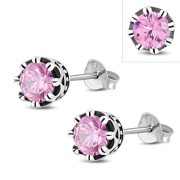 Vintage Royal Crown Celtic Rose Pink CZ Sterling Silver Stud Earrings - e455